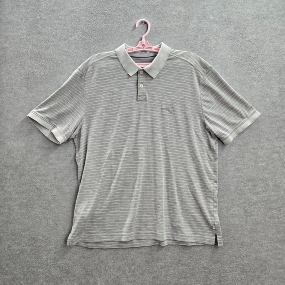 Tommy Bahama Men Polo XL Gray Striped Embroidered Short Sleeve Logo Cotton
